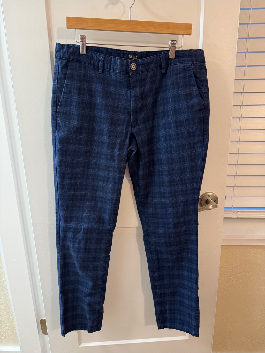 Men’s Blue Plaid Stretch Dress Pants Size 36 Reeves Fit Flat Front